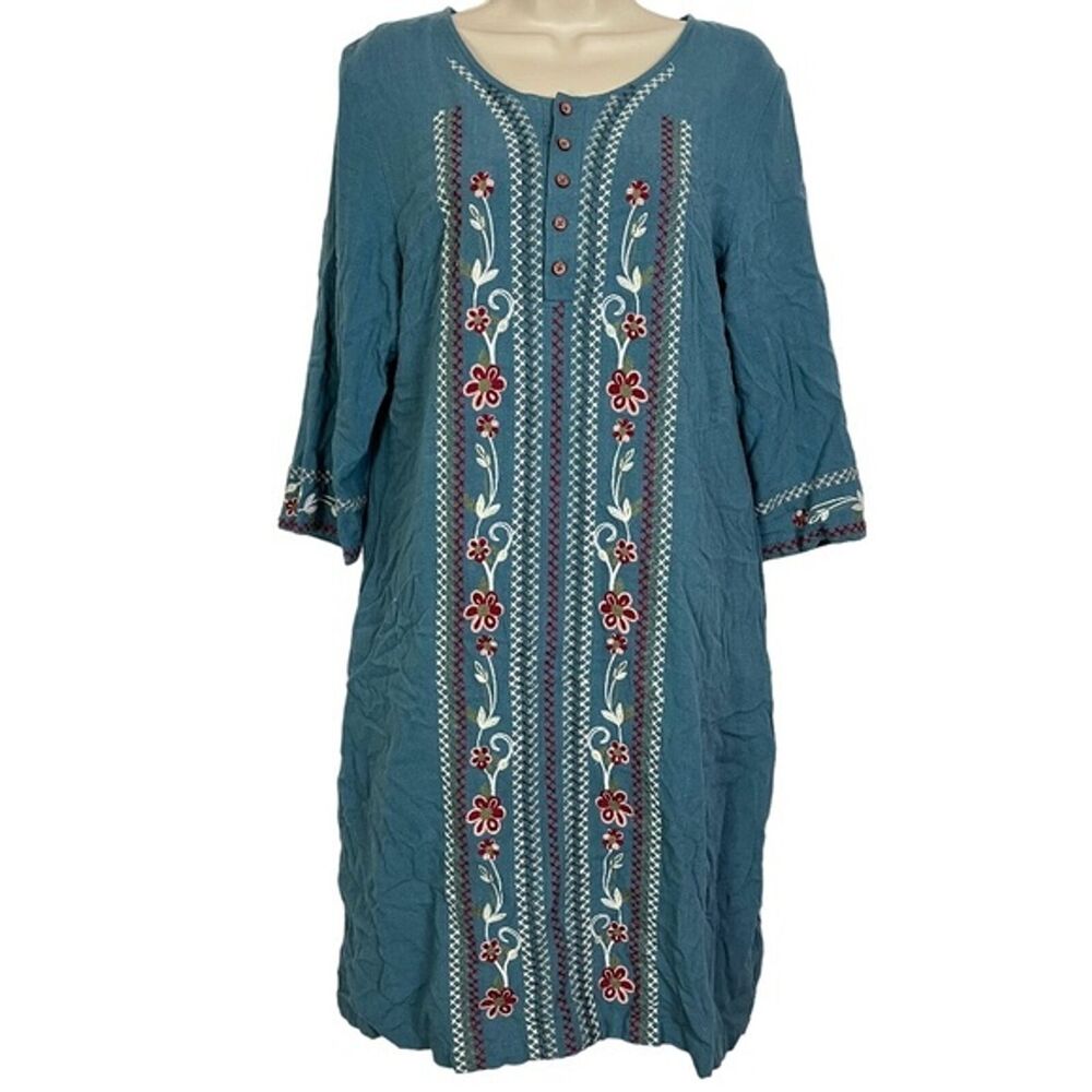 HIDDEN ALLEY Embroidered Long Sleeve Casual Button Down Boho Blue Dress sz M